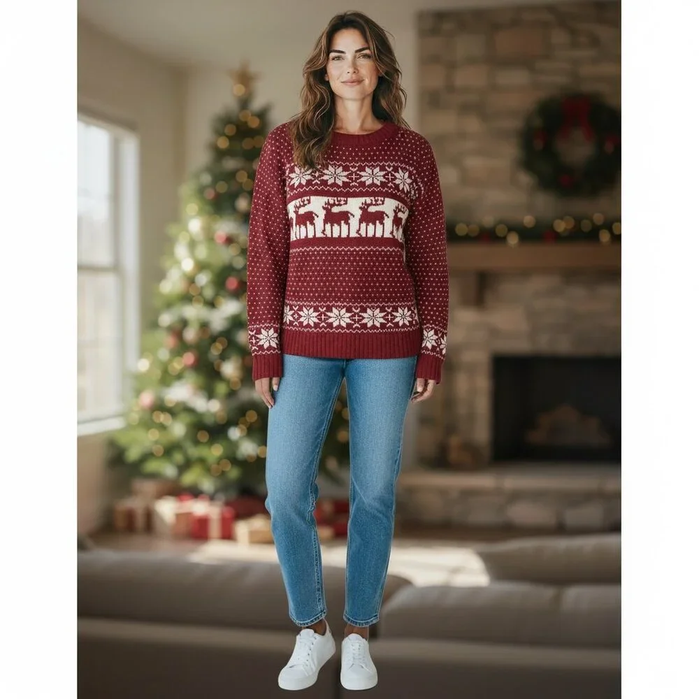 POL Maroon/Burgundy Red Reindeer Snowflake Fair Isle Sweater Sz L #216H - Picture 4 of 10